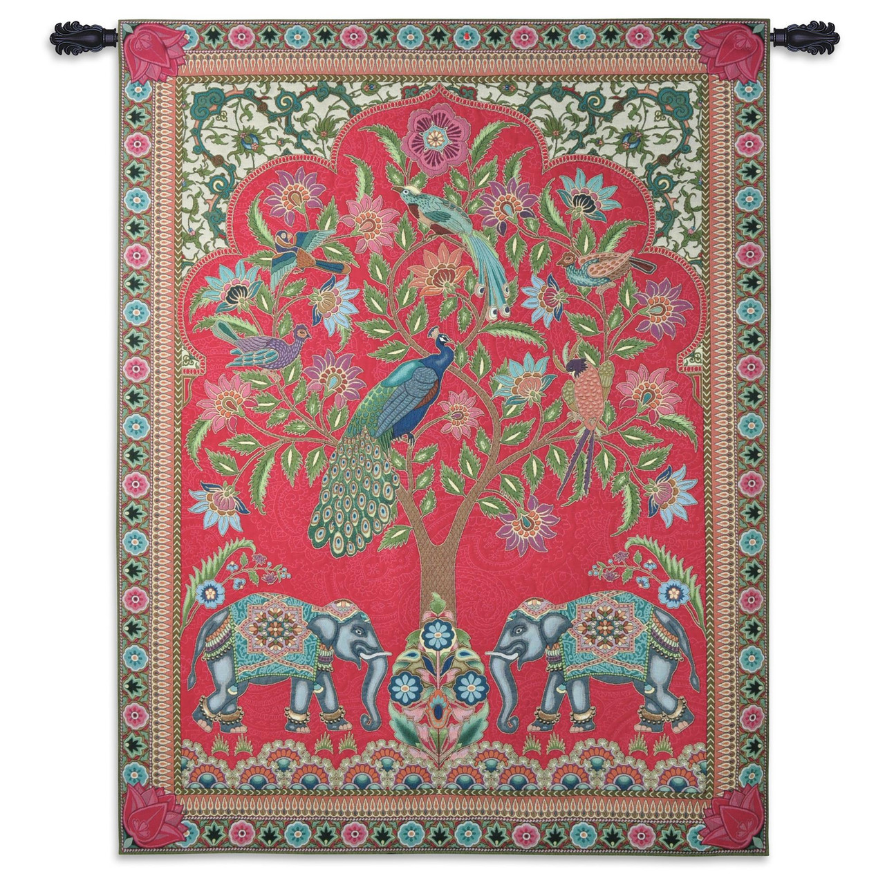 Asian Elephants, Woven Tapestry Wall Art Hanging, Jewel Tones with  Peacocks