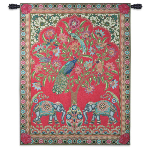 Asian Elephants | Woven Tapestry Wall Art Hanging | Jewel Tones with Peacocks | 100% Cotton USA Size 67x53 Wall Tapestry