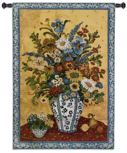Suzanne's Blue and White by Etienne | Woven Tapestry Wall Art Hanging | Colorful Flower Blooms Still Life | 100% Cotton USA Size 53x35 Wall Tapestry