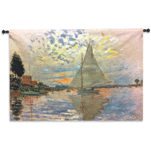 Sailboat at Le Petit-Gennevilliers by Claude Monet | Woven Tapestry Wall Art Hanging | Serene Sunset Harbor Impressionist Masterpiece | 100% Cotton USA Size 53x38 Wall Tapestry