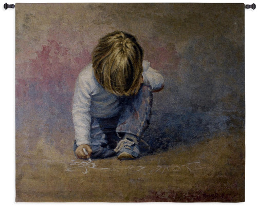 Budding Artist by Lucelle Raad | Woven Tapestry Wall Art Hanging | Realist Blond Boy Drawing with Chalk | 100% Cotton USA Size 53x47 Wall Tapestry
