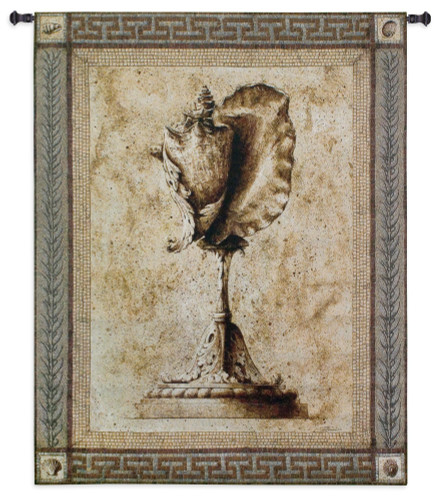 Ornamentum Stromb Gigas | Woven Tapestry Wall Art Hanging | Ancient Rustic Sea Shell on Stone Pedestal | 100% Cotton USA Size 53x42 Wall Tapestry