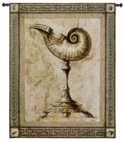 Ornamentum Umblic Nautica | Woven Tapestry Wall Art Hanging | Ancient Rustic Sea Shell on Stone Pedestal | 100% Cotton USA Size 53x42 Wall Tapestry