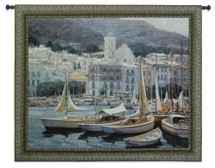 Setting Sail | Woven Tapestry Wall Art Hanging | Peaceful Harbor at Mountainside European Village | 100% Cotton USA Size 53x44 Wall Tapestry