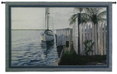 No Worries | Woven Tapestry Wall Art Hanging | Boat at Tropical Harbor with Fence | 100% Cotton USA Size 53x36 Wall Tapestry