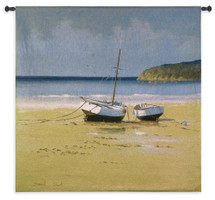 Moorings Low Tide | Woven Tapestry Wall Art Hanging | Vintage Beached Boats on Serene Coast | 100% Cotton USA Size 53x53 Wall Tapestry