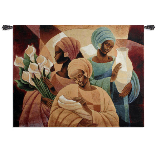 Caress by Keith Mallett | Woven Tapestry Wall Art Hanging | African Women Holding Child, Bouquet, and Vase Contemporary Cultural Art | 100% Cotton USA Size 53x40 Wall Tapestry