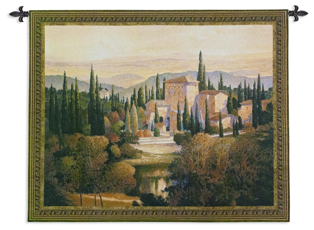 Song of Tuscany by Max Hayslette Woven Tapestry Wall Art Hanging Tuscan  Villa Natural Pond Scene on European Countryside 100% Cotton USA Size  53x44