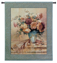 Jennie's Mantle II by Jennie Tomao-Bragg | Woven Tapestry Wall Art Hanging | Soft Peach Flowers in Blue Vase Still Life | 100% Cotton USA Size 53x44 Wall Tapestry