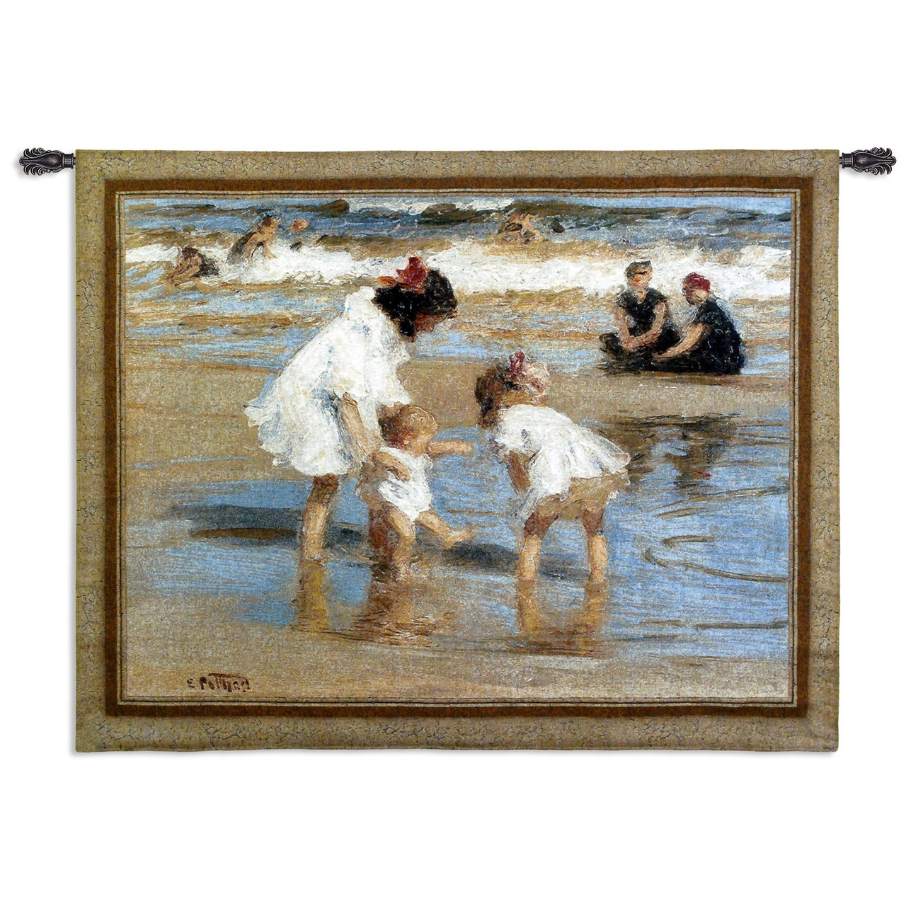 Playing At The Seashore Woven Tapestry Wall Art Hanging Abstract Nostalgic Family At The Beach 100 Cotton Usa Size 53x42
