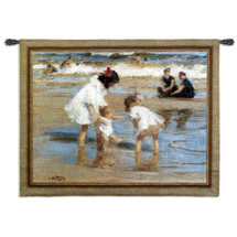 Playing at the Seashore | Woven Tapestry Wall Art Hanging | Abstract Nostalgic Family at the Beach | 100% Cotton USA Size 53x42 Wall Tapestry