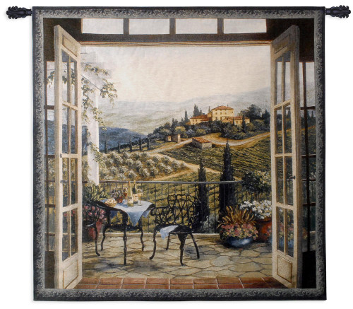 Balcony View of The Villa by Barbara Felisky | Woven Tapestry Wall Art Hanging | Peaceful Countryside Lanscape | 100% Cotton USA Size 53x53 Wall Tapestry