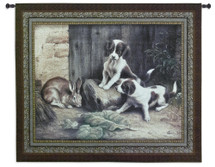 Curiosity | Woven Tapestry Wall Art Hanging | Cute Puppies Investigating Rabbit Children's Room Decor | 100% Cotton USA Size 53x45 Wall Tapestry