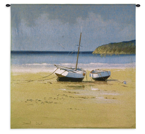 Moorings Low Tide | Woven Tapestry Wall Art Hanging | Vintage Beached Boats on Serene Coast | 100% Cotton USA Size 35x35 Wall Tapestry