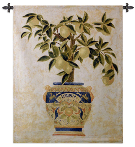 Italian Lemon Tree by Gloria Erickson | Woven Tapestry Wall Art Hanging | Ripe Citrus Tree in Mosaic Patterned Decorative Pot | 100% Cotton USA Size 53x43 Wall Tapestry