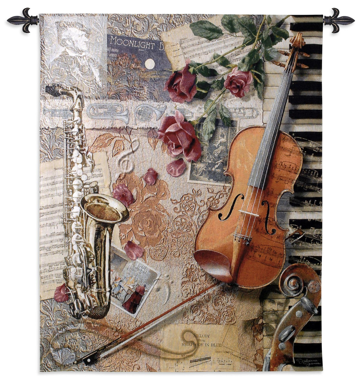 Ensemble WH Woven Tapestry Wall Art Hanging Music Instrument Collage  with Sheet Music 100% Cotton USA Size 52x41