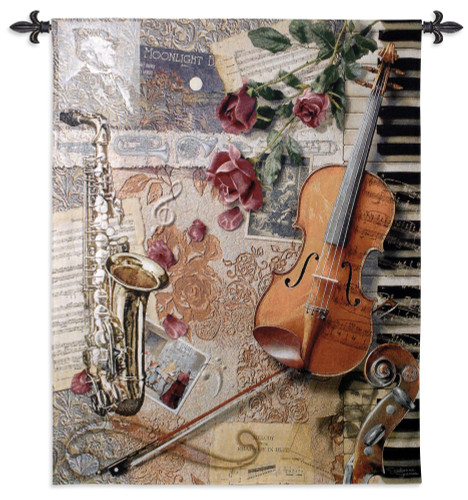 Ensemble WH | Woven Tapestry Wall Art Hanging | Music Instrument Collage with Sheet Music | 100% Cotton USA Size 52x41 Wall Tapestry