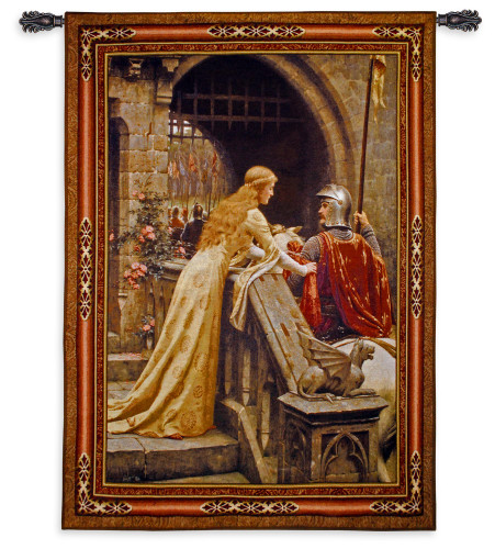 Godspeed by Edmund Blair Leighton | Woven Tapestry Wall Art Hanging | Medieval Lady with Arthurian Knight | 100% Cotton USA Size 53x40 Wall Tapestry