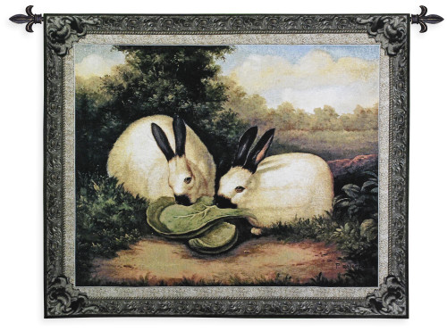 Two Himalayan Rabbits by Barrett Overall | Woven Tapestry Wall Art Hanging | Rabbit Pair Eating Lettuce on Floral Mountainous Landscape | 100% Cotton USA Size 53x43 Wall Tapestry