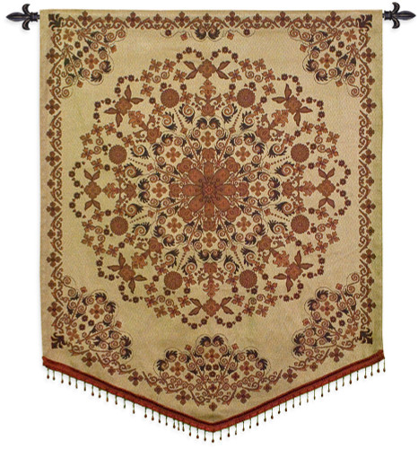 India Golden | Woven Tapestry Wall Art Hanging | Gold Tan Intricate Floral Mandala | 100% Cotton USA Size 53x42 Wall Tapestry