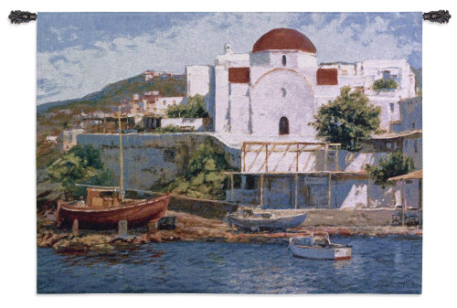 Mykonos II by George W. Bates | Woven Tapestry Wall Art Hanging | Impressionist Greek Waterfront Painting | 100% Cotton USA Size 53x40 Wall Tapestry