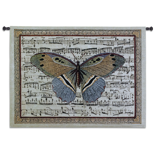 Butterfly Dance II | Woven Tapestry Wall Art Hanging | Antique Butterfly on Sheet Music Score Background | 100% Cotton USA Size 53x41 Wall Tapestry