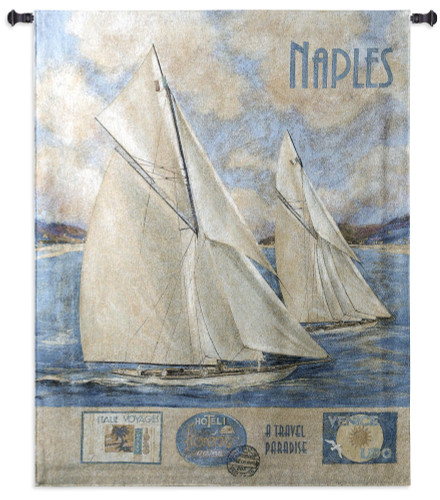 Naples | Woven Tapestry Wall Art Hanging | Two Sailboats on Vintage Mediterranean Travel Poster | 100% Cotton USA Size 52x41 Wall Tapestry