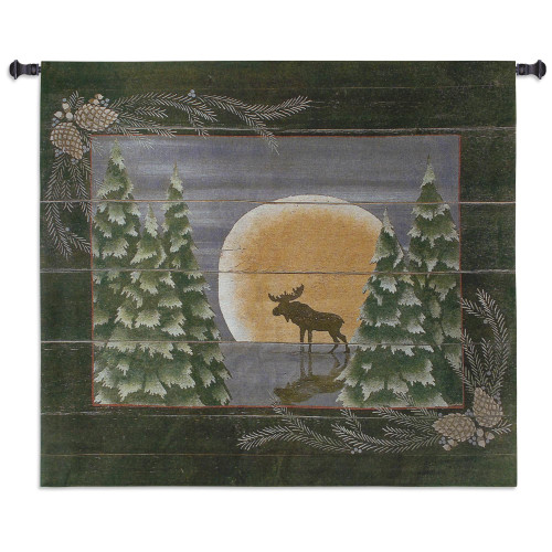 Moonlight Moose | Woven Tapestry Wall Art Hanging | Whimsical Forest Wildlife in Lunar Light Cabin Lodge Decor | 100% Cotton USA Size 53x53 Wall Tapestry
