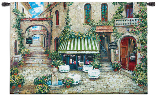 Trattoria di Lugano | Woven Tapestry Wall Art Hanging | Picturesque Italian Cobblestone Courtyard with Restaurants | 100% Cotton USA Size 53x35 Wall Tapestry