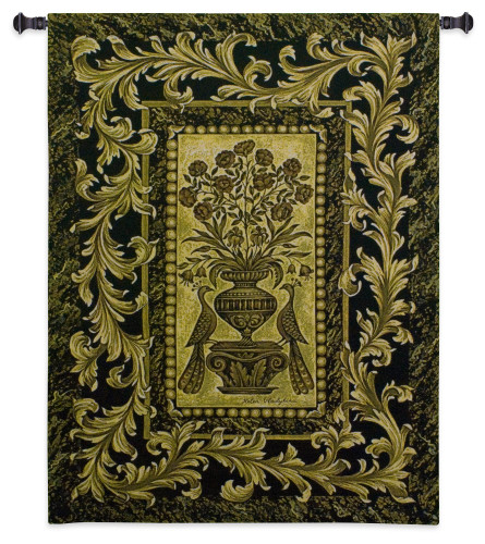 Framed Peacocks by Helen Vladykina | Woven Tapestry Wall Art Hanging | Two Jeweled Peacocks on Ornate Gold Filigree Pattern | 100% Cotton USA Size 53x40 Wall Tapestry