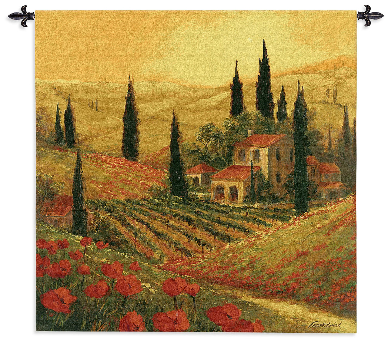 Poppies of Toscano Woven Tapestry Wall Art Hanging Golden Italian  Sunset over Vineyard Hillsides 100% Cotton USA Size 53x53