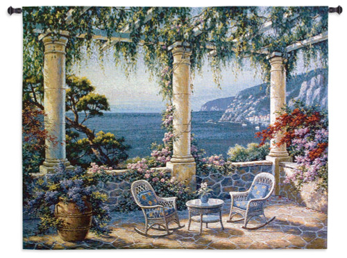 Mediterranean Terrace by Vivian Flasch | Woven Tapestry Wall Art Hanging | Italian Villa Seaside | 100% Cotton USA Size 53x40 Wall Tapestry
