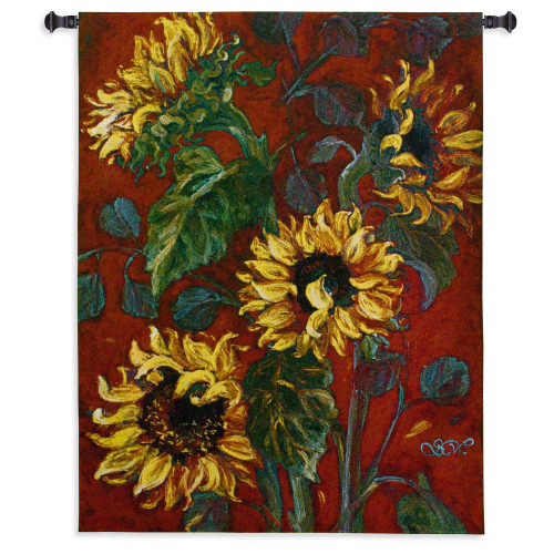 Sunflowers on Red 2 | Woven Tapestry Wall Art Hanging | Floral Burst of Fiery Colors | 100% Cotton USA Size 53x40 Wall Tapestry
