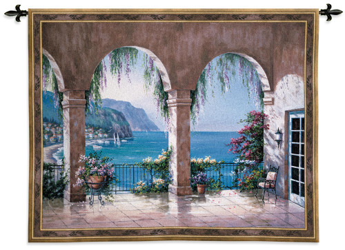 Mediterranean Arch | Woven Tapestry Wall Art Hanging | Floral Seaside Ocean View | 100% Cotton USA Size 53x42 Wall Tapestry