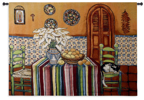 La Siesta | Woven Tapestry Wall Art Hanging | Latin Colorful Dining Room with Sleeping Cat | 100% Cotton USA Size 53x40 Wall Tapestry
