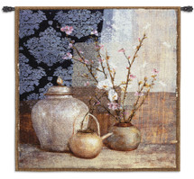 Asian Still by Elise Remender | Woven Tapestry Wall Art Hanging | Blooming Pink Apple Blossom Flowers Damask Still Life | 100% Cotton USA Size 53x53 Wall Tapestry