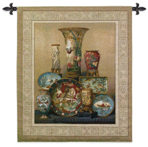 Elkington's Cloisonne | Woven Tapestry Wall Art Hanging | East Asian Themed Fine Cloisonne Dish Ensemble | 100% Cotton USA Size 38x35 Wall Tapestry