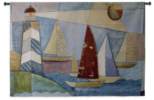Bay Regatta | Woven Tapestry Wall Art Hanging | Coastal Lighthouse Seascape Pastel Paperwork Geometric Artwork | 100% Cotton USA Size 53x36 Wall Tapestry