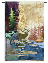 Ghosts of the Tall Timbers | Woven Tapestry Wall Art Hanging | Abstract Dreamy Forest River with Deer | 100% Cotton USA Size 83x53 Wall Tapestry