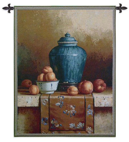 Ginger Jar | Woven Tapestry Wall Art Hanging | Vibrant Fruit and Vase Still Life on Stone | 100% Cotton USA Size 54x43 Wall Tapestry