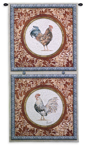 Plumage II | Woven Tapestry Wall Art Hanging | Roosters in Floral Panels Collector’s Artwork | 100% Cotton USA Size 52x26 Wall Tapestry