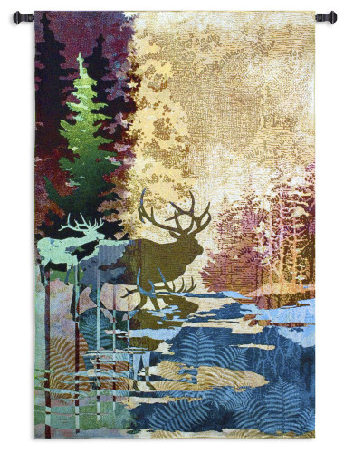Ghosts of the Tall Timbers | Woven Tapestry Wall Art Hanging | Abstract Dreamy Forest River with Deer | 100% Cotton USA Size 52x36 Wall Tapestry