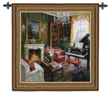 Grand Piano Room | Woven Tapestry Wall Art Hanging | Regal Grand Piano Room with Fireplace | 100% Cotton USA Size 53x53 Wall Tapestry