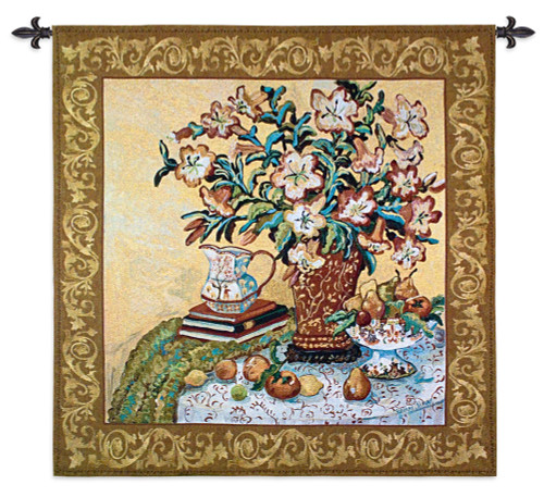 Asian Lilies | Woven Tapestry Wall Art Hanging | Bold Vibrant Floral Bouquet with Fruit Still Life | 100% Cotton USA Size 53x53 Wall Tapestry