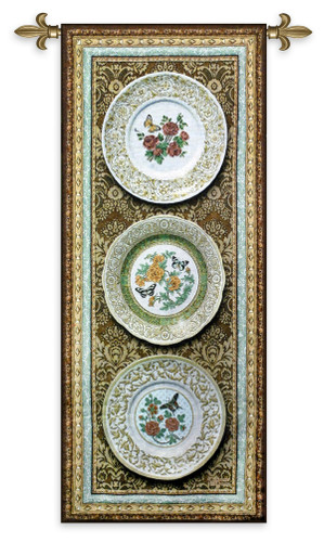 Classic Porcelain | Woven Tapestry Wall Art Hanging | Decorative Floral China Plates with Ornate Border | 100% Cotton USA Size 60x26 Wall Tapestry
