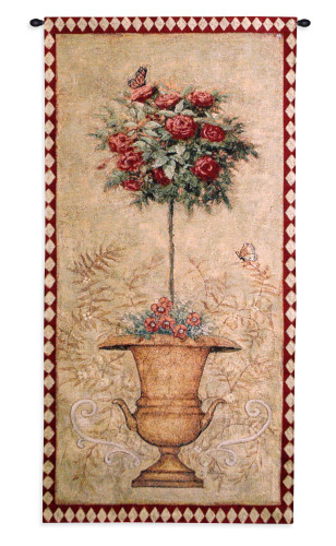 Rose Topiary II by Barbara Mock | Woven Tapestry Wall Art Hanging | Classic Red Roses Vase Centerpiece | 100% Cotton USA Size 52x25 Wall Tapestry