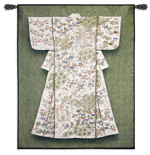 Jade Katabria Kimono | Woven Tapestry Wall Art Hanging | Japanese White Kimono with Olive Background | 100% Cotton USA Size 64x53 Wall Tapestry