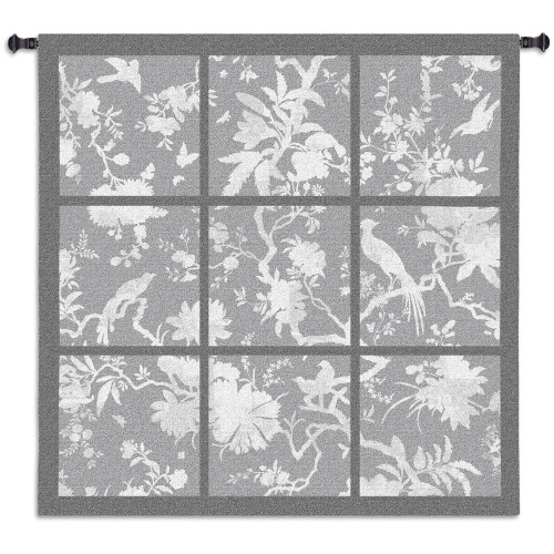 Floral Division Gray | Woven Tapestry Wall Art Hanging | Silhouetted Tropical Birds and Plants Panel Artwork | 100% Cotton USA Size 45x45 Wall Tapestry