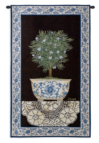 Ivy Topiary II by Linda Spivey | Woven Tapestry Wall Art Hanging | Patterned Blue and White Floral Vase Centerpiece | 100% Cotton USA Size 43x26 Wall Tapestry