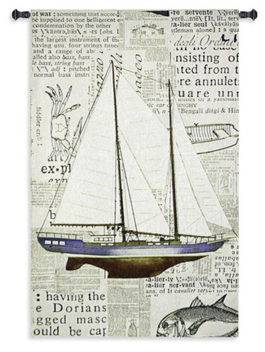 Nautical Motif | Woven Tapestry Wall Art Hanging | Majestic Sailboat with Newspaper Print Background Nautical Art | 100% Cotton USA Size 53x34 Wall Tapestry